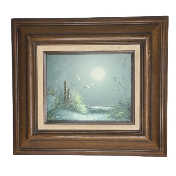 Vintage Philip Sandee Oil Painting Framed Seascape Seagulls‎ Ocean Moon Signed - Picture 1 of 6
